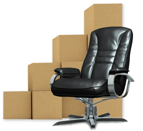 Office chair in front of stack of cardboard boxes